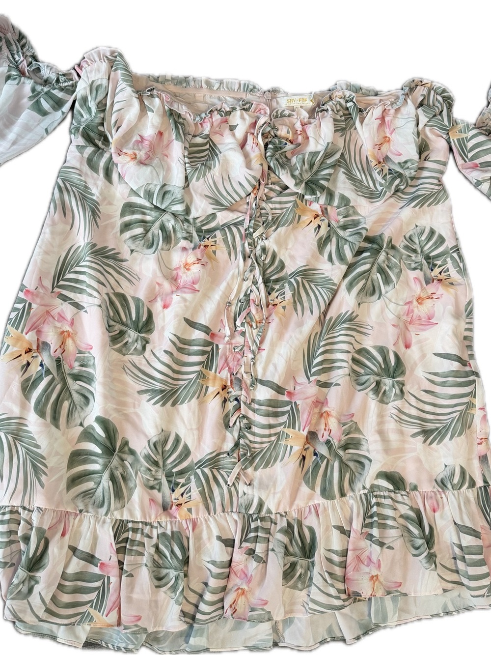 Fashion to Figure Tropical Off-Shoulder Strapless Dress in Green and Pink